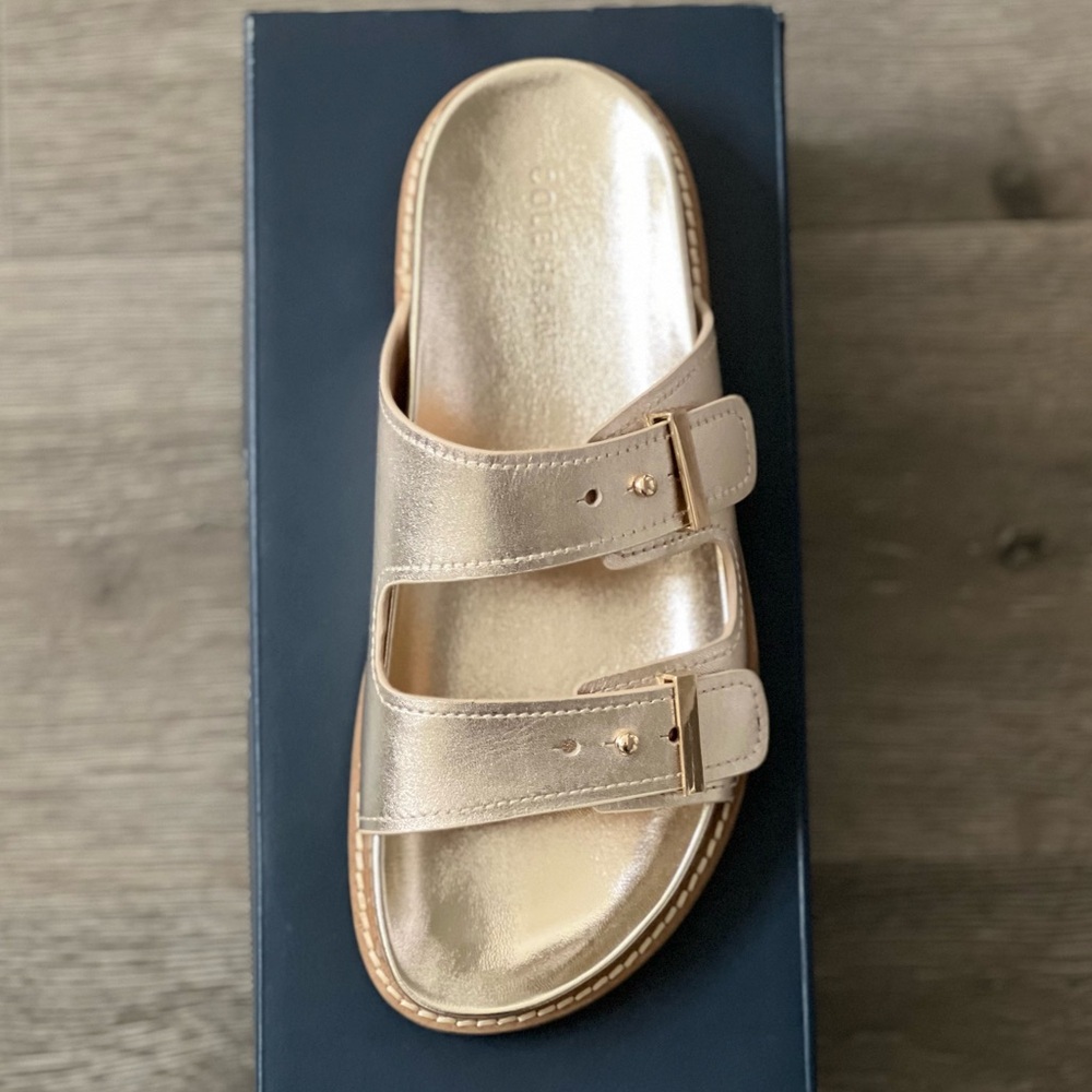 COLE HAAN Women's Soft Gold Double Strap Slide Sandals